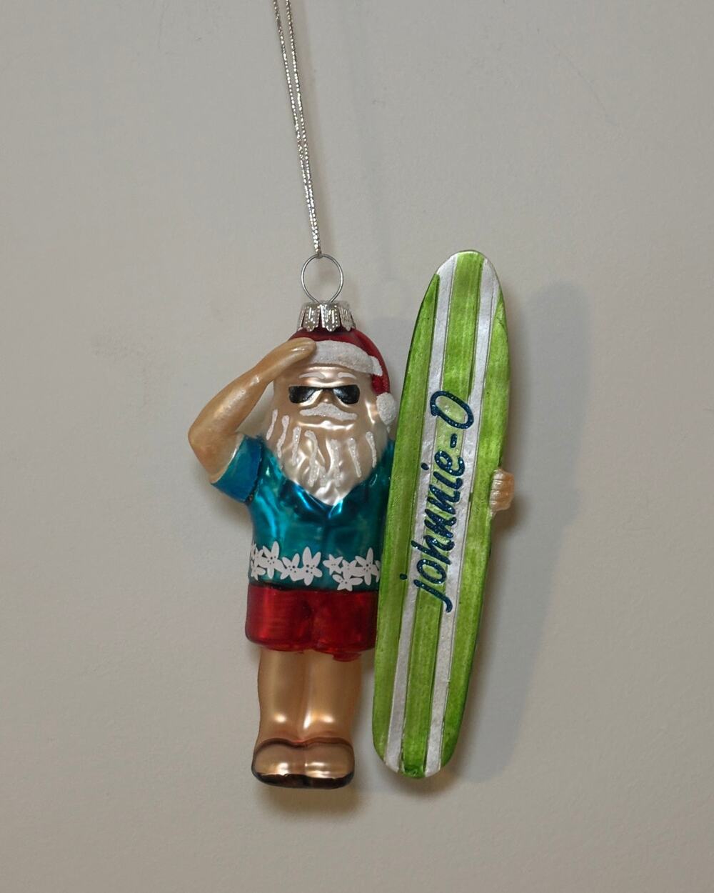 Johnnie-O 2024 Surfing Santa Glass Christmas Ornament Laguna Blue JUAC100030 NIB